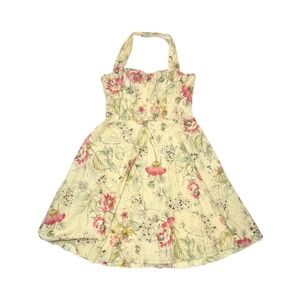 Yellow Floral‎ Eyelet Halter Midi Dress 14 Cottagecore Coquette Sweetheart Neck